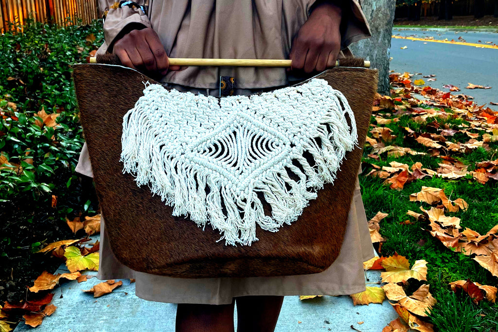 Cows Hide Basket Bag with Macrame Detail