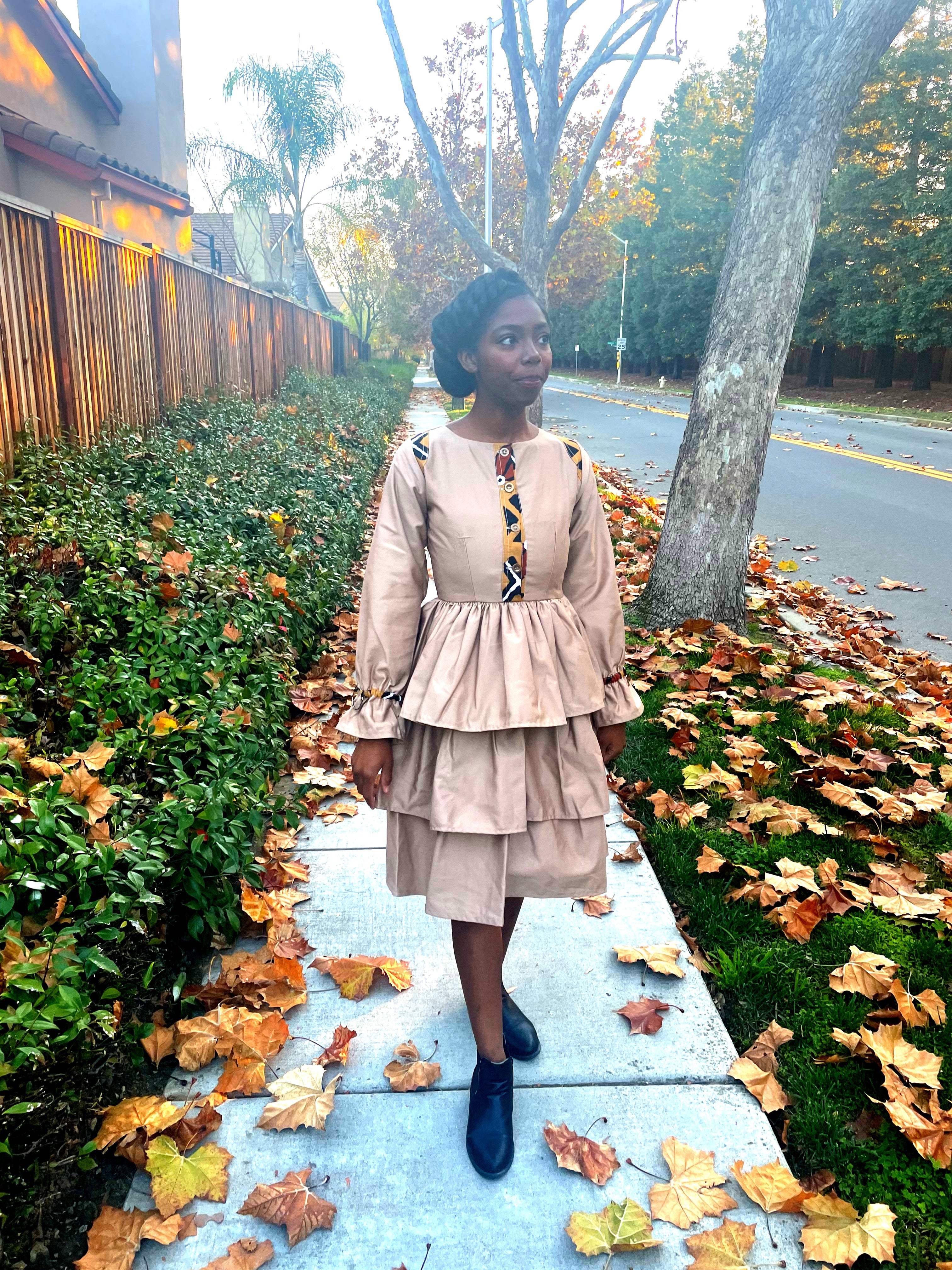 Buttoned Khaki Tiered Dress with Ankara and Ring Details